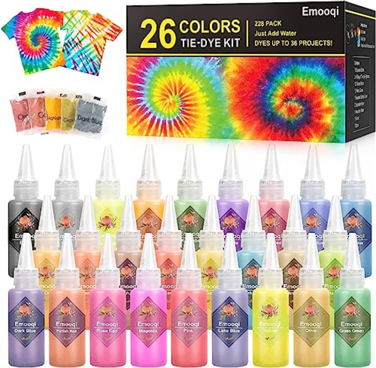 DIY Tie Dye Kit, Emooqi 26 Colors Fabric Dye Art Set with Rubber Bands,  Gloves, Spoon, Funnel, Apron, and Table Covers-Great for Craft Arts Fabric  Textile Party Handmade Project.